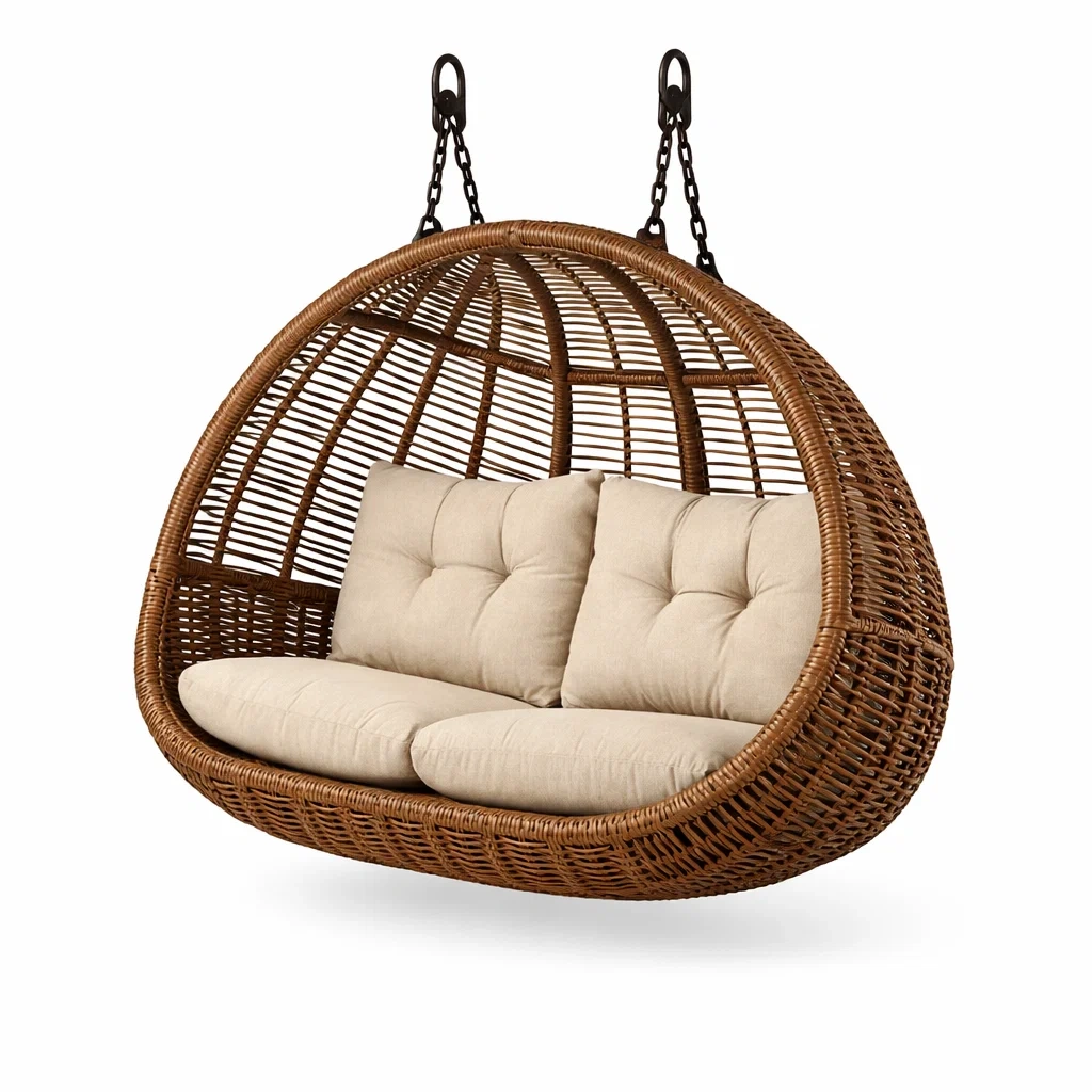 Brown Rattan Outdoor Swing Chair with Beige Cushions-craftedlodge