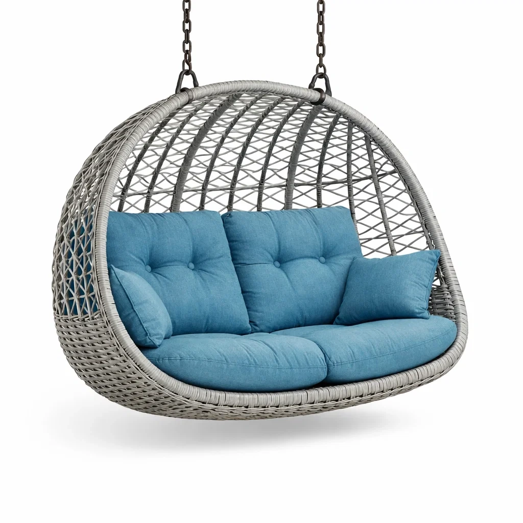 Grey Rattan Outdoor Swing Chair with Blue Cushions-craftedlodge
