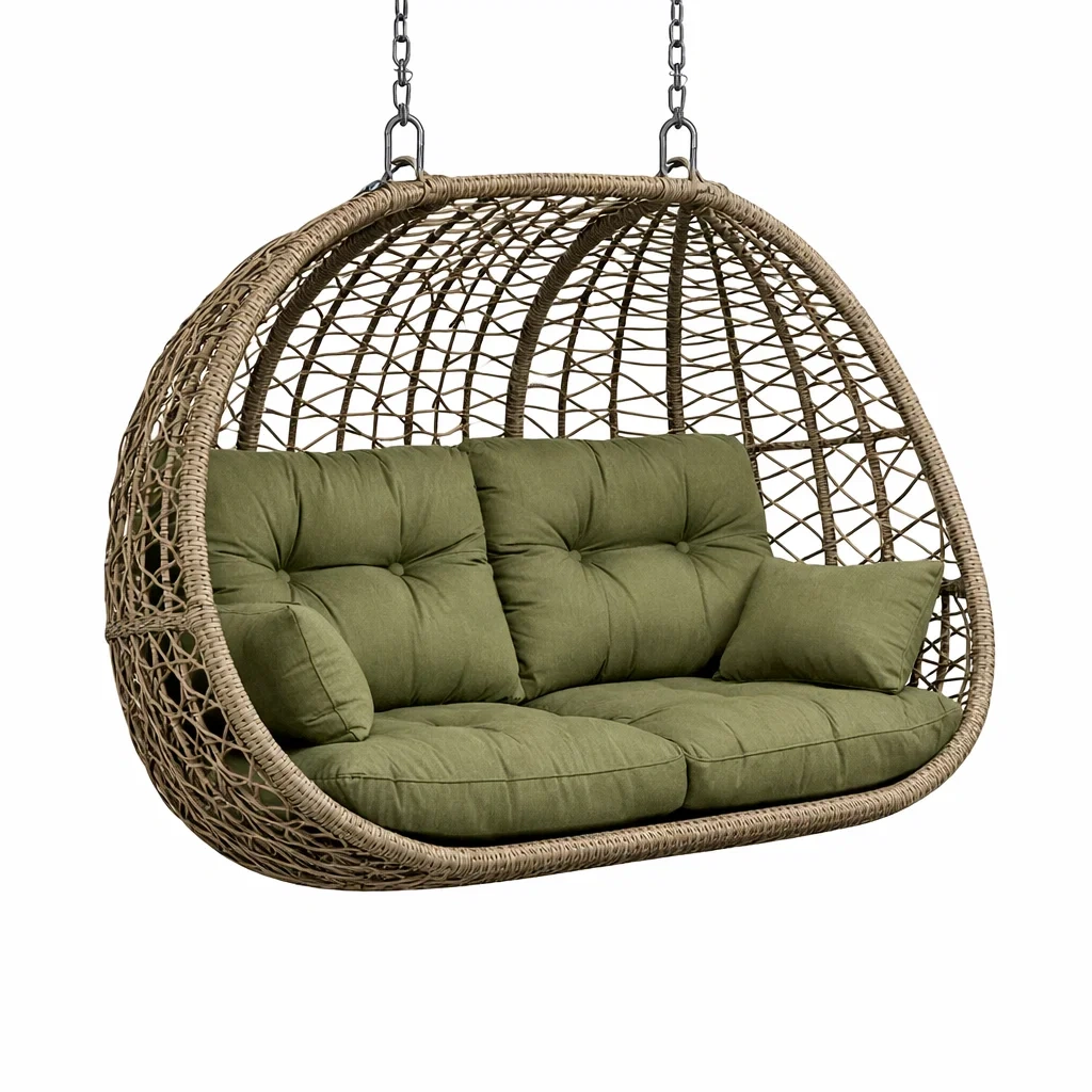 Brown Rattan Outdoor Swing Chair with Green Cushions-craftedlodge