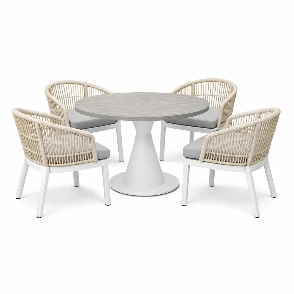 Rattan Outdoor Dining Set Round Table with 4 Chairs-Light Grey-craftedlodge