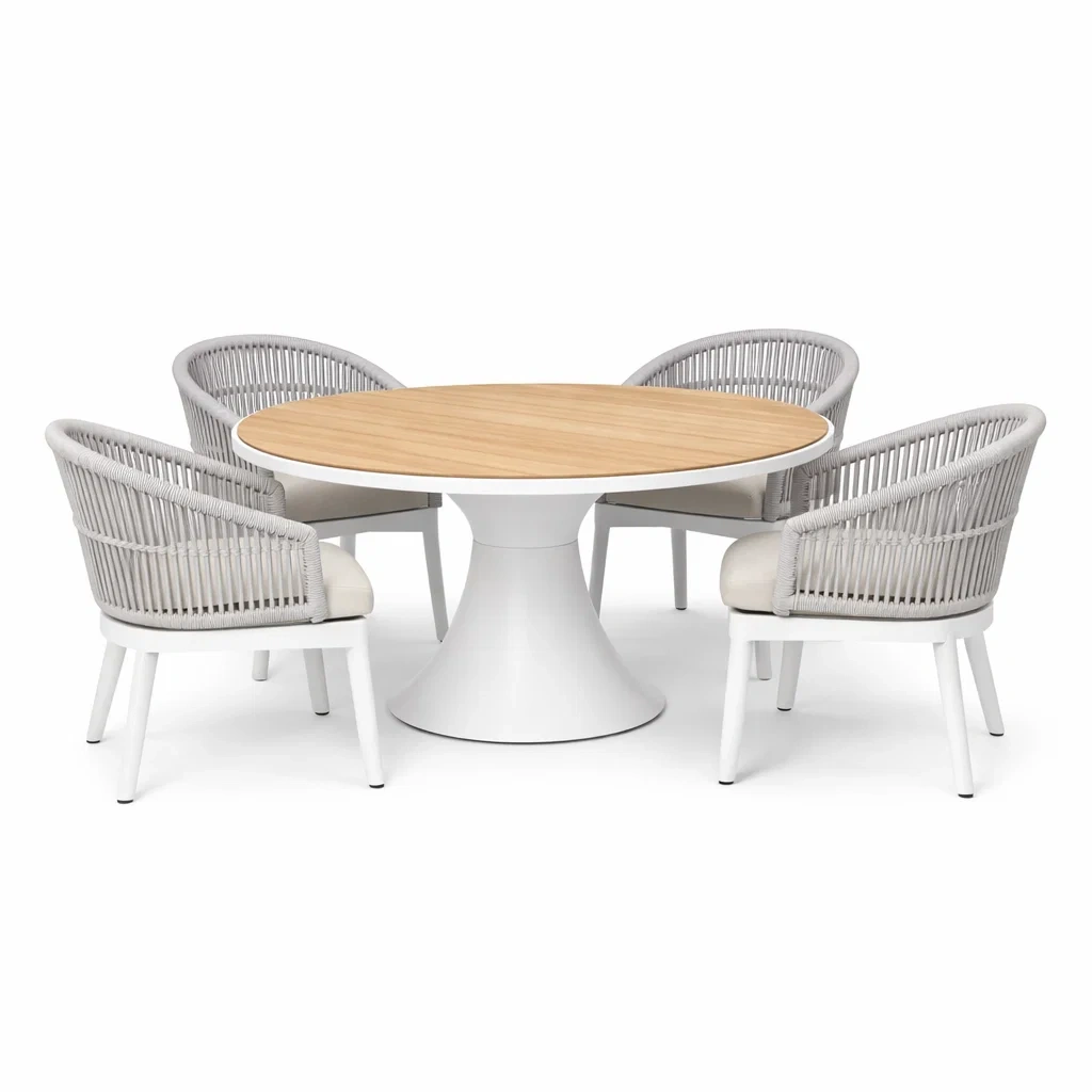 Rattan Outdoor Dining Set Round Table with 4 Chairs-Grey and Natural Wood-craftedlodge