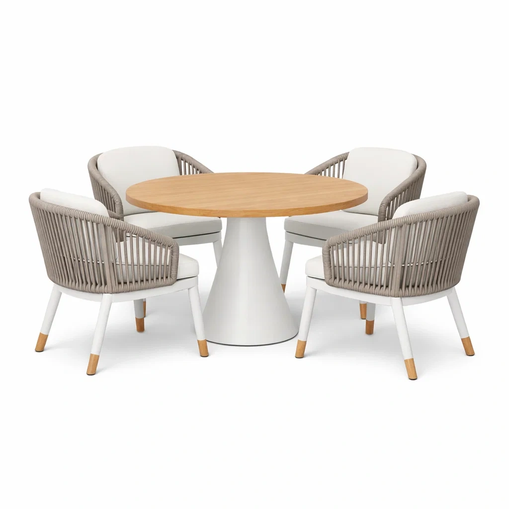 Rattan Outdoor Dining Set Round Table with Cushioned Chairs-Grey and White-craftedlodge