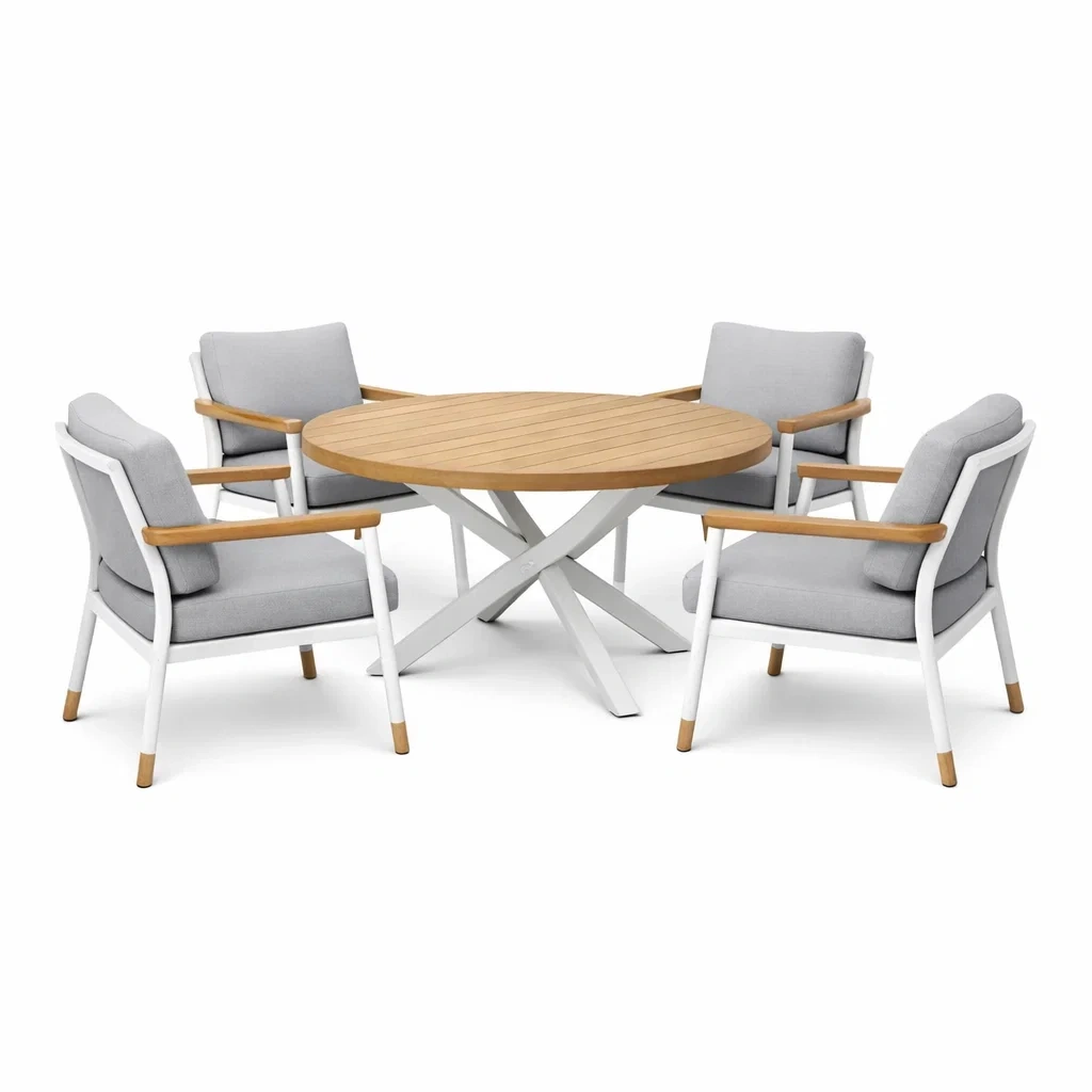Rattan Outdoor Dining Set Round Table with Armchairs-Light Grey and Natural Wood-craftedlodge
