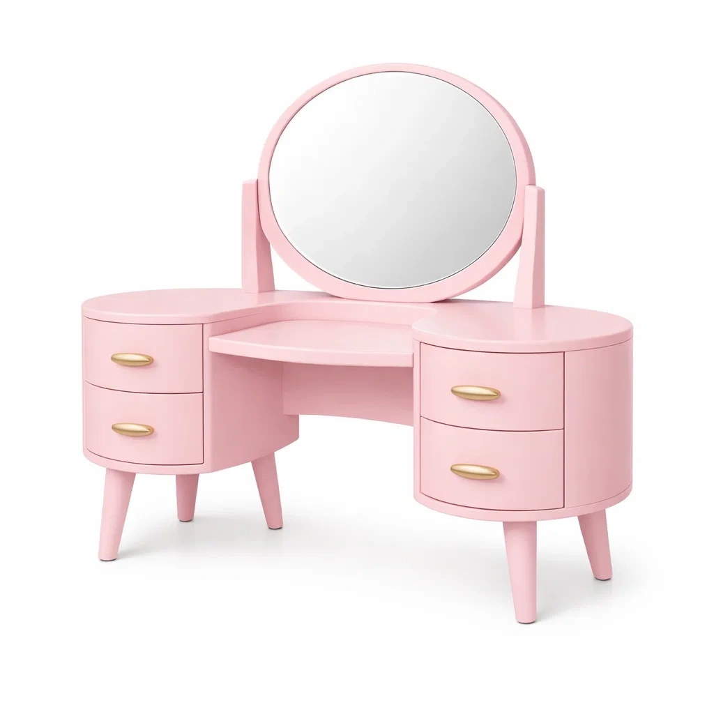 Pink Modern Dressing Table with Round Mirror-woodnestle