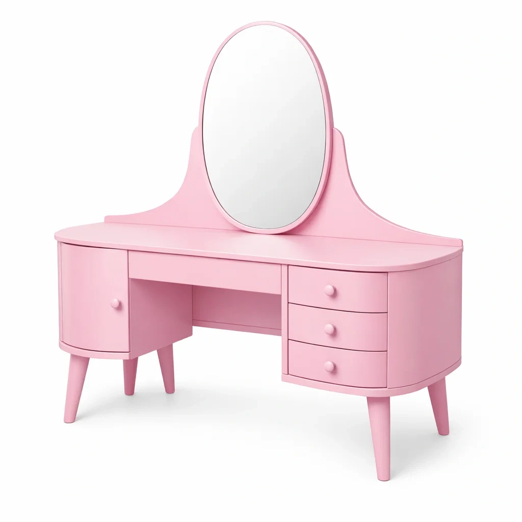 Pink Classic Dressing Table with Oval Mirror and Drawers-woodnestle