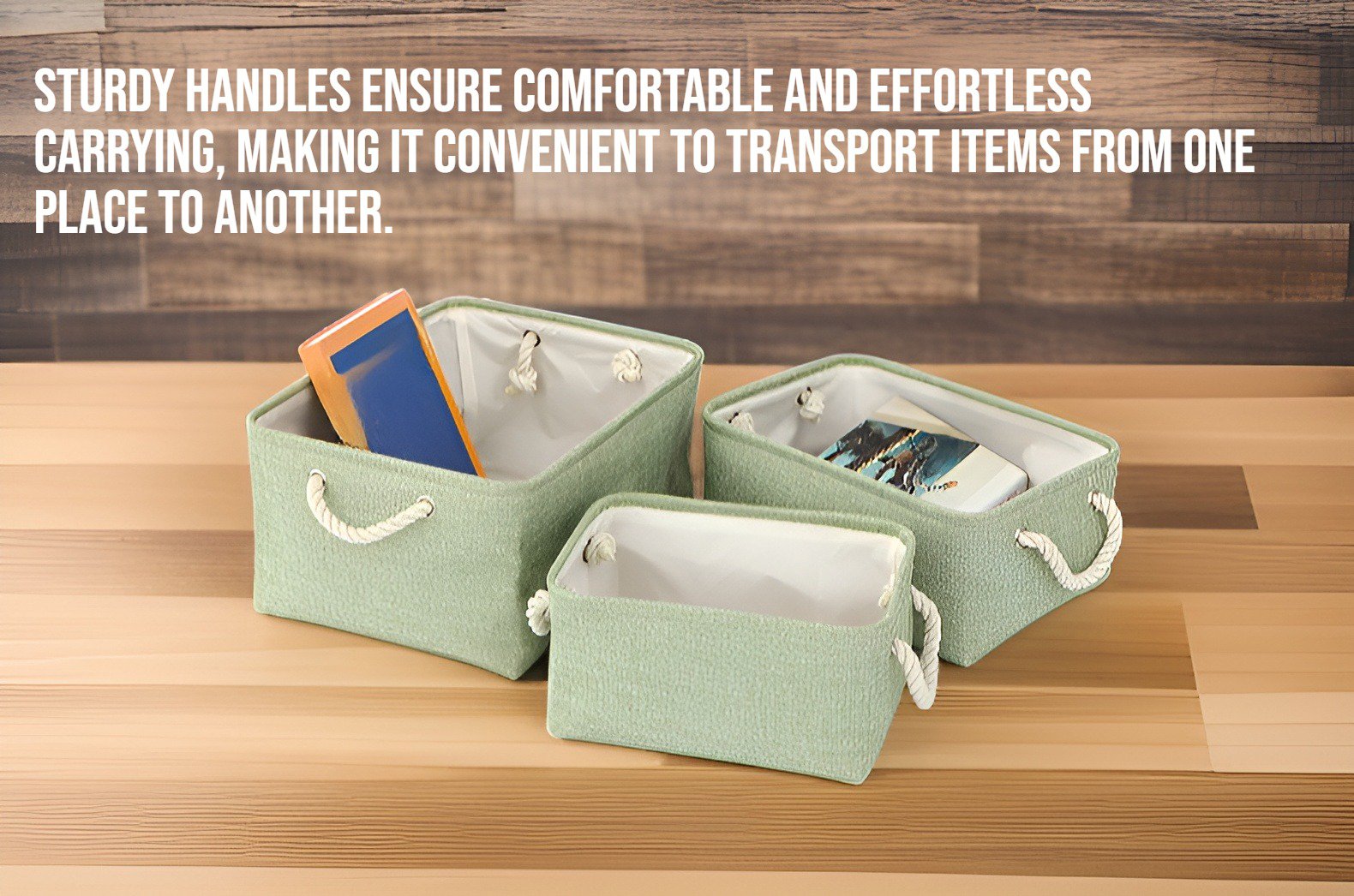 Eco-friendly linen storage basket filled with household items