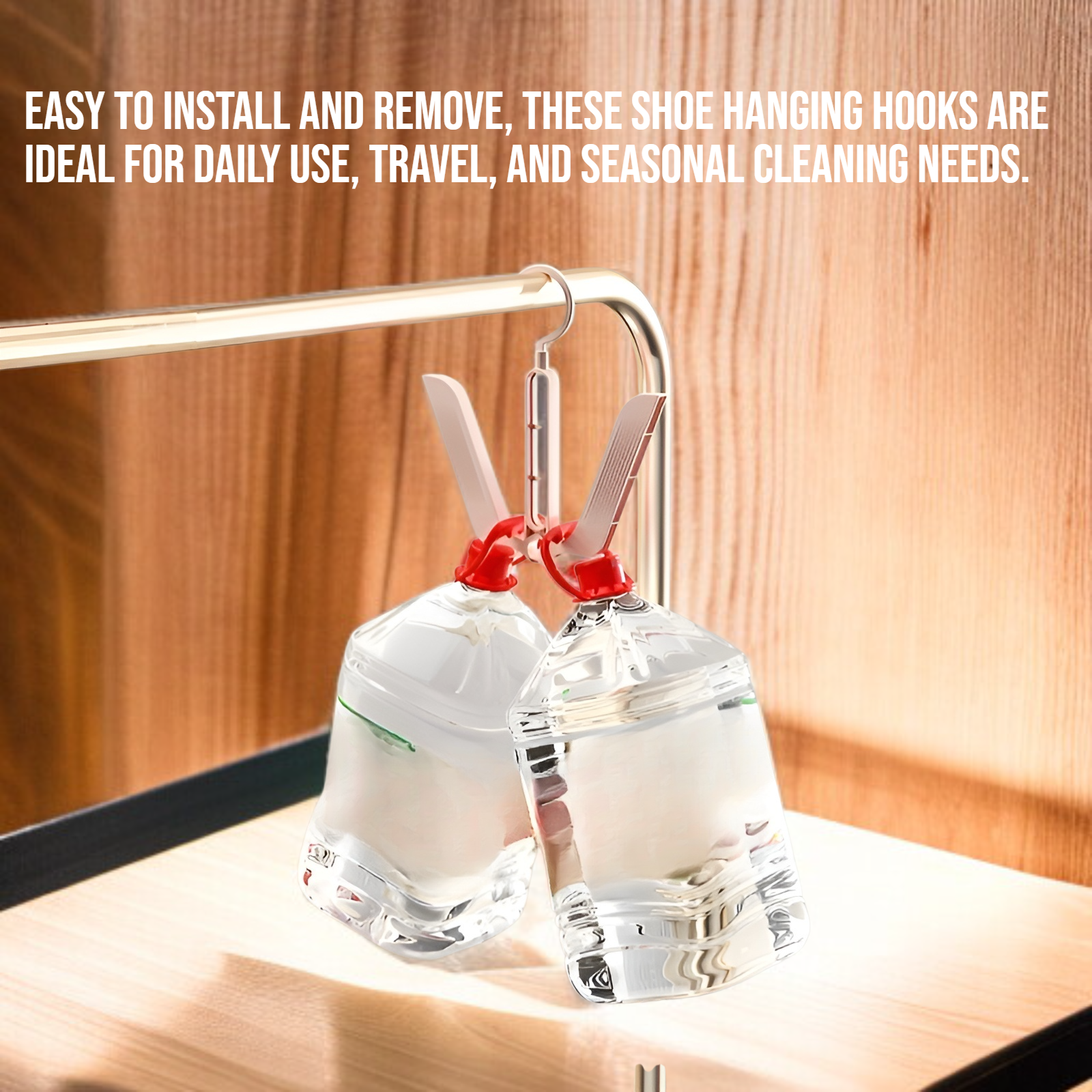 Close-up of durable shoe drying hooks for easy hanging