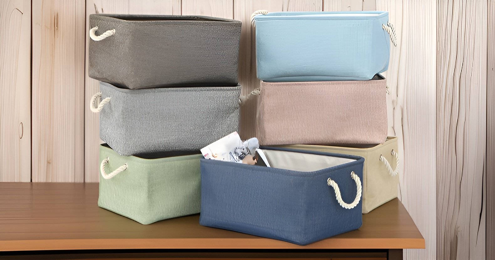 Sturdy fabric storage basket with handles in living room