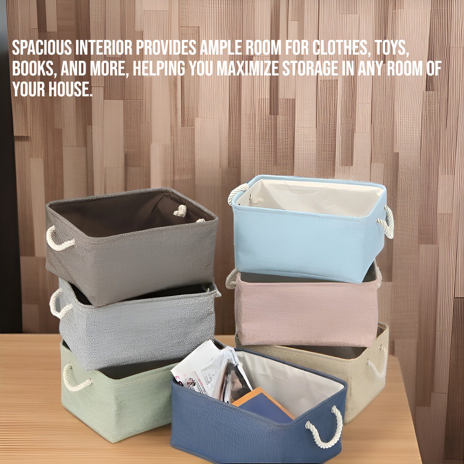 Minimalist solid color linen storage basket on a shelf