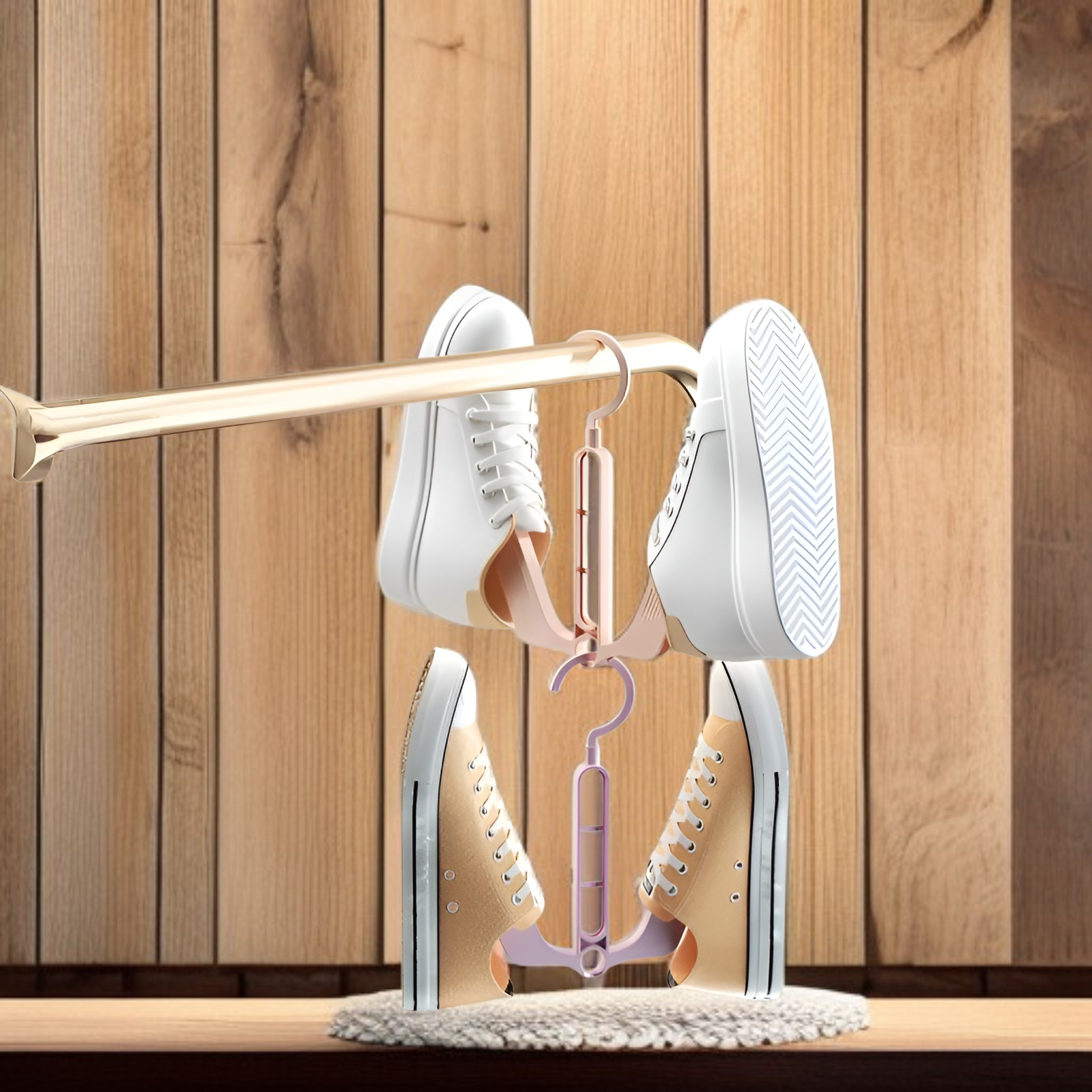 Space-saving shoe storage using shoe drying hooks