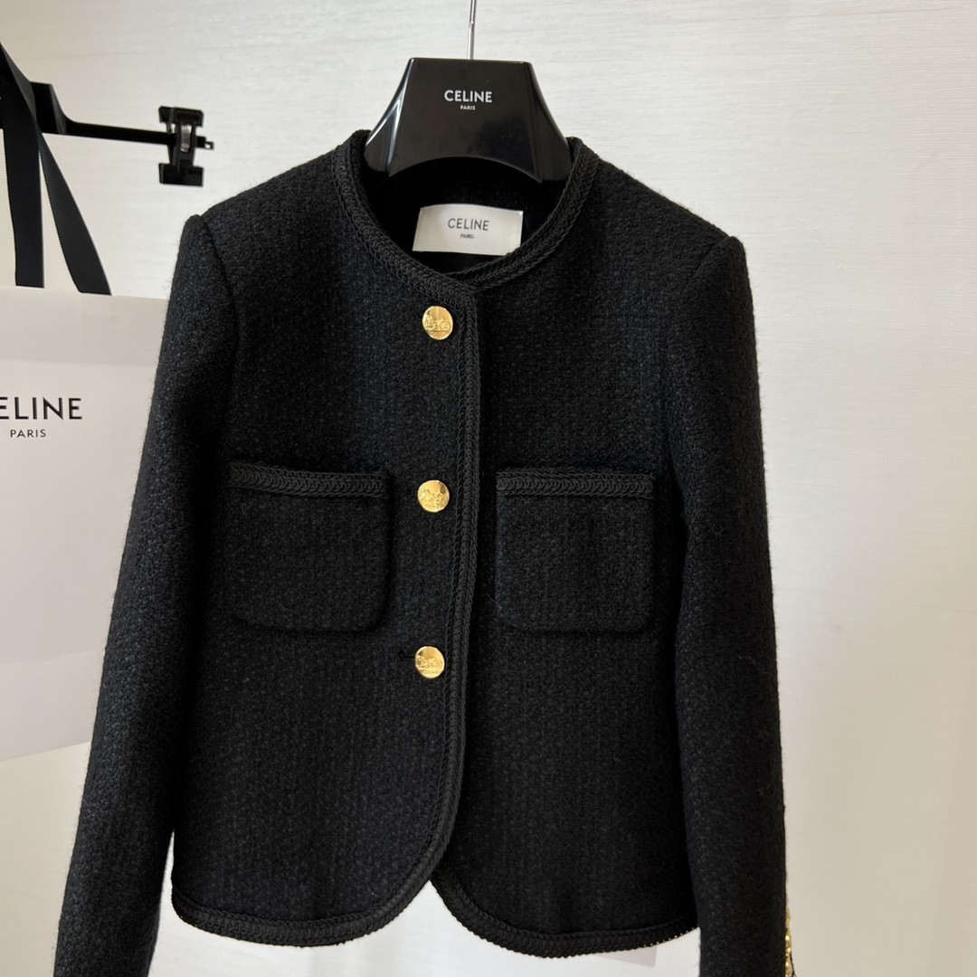 CELINE セリーヌ 3ボタン & ブレーデッドパイピング ブレーデッド シャスールジャケット / ブクレツイード