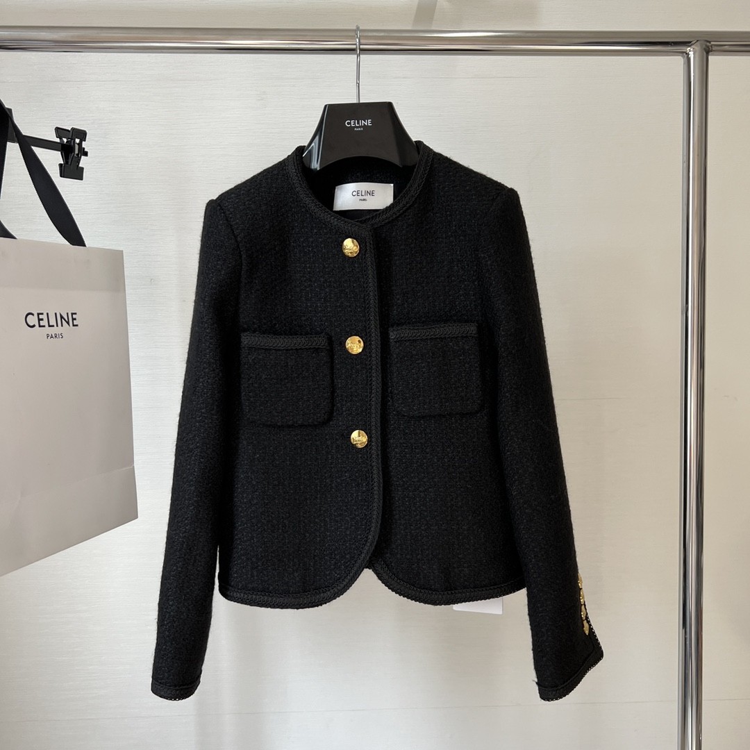 CELINE セリーヌ 3ボタン & ブレーデッドパイピング ブレーデッド シャスールジャケット / ブクレツイード