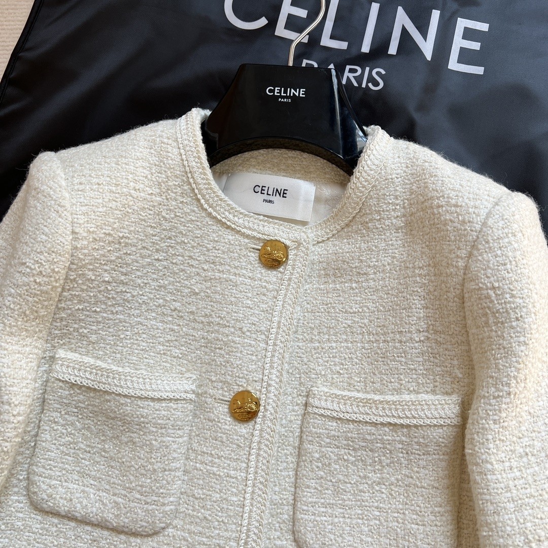 CELINE セリーヌ 3ボタン & ブレーデッドパイピング ブレーデッド シャスールジャケット / ブクレツイード