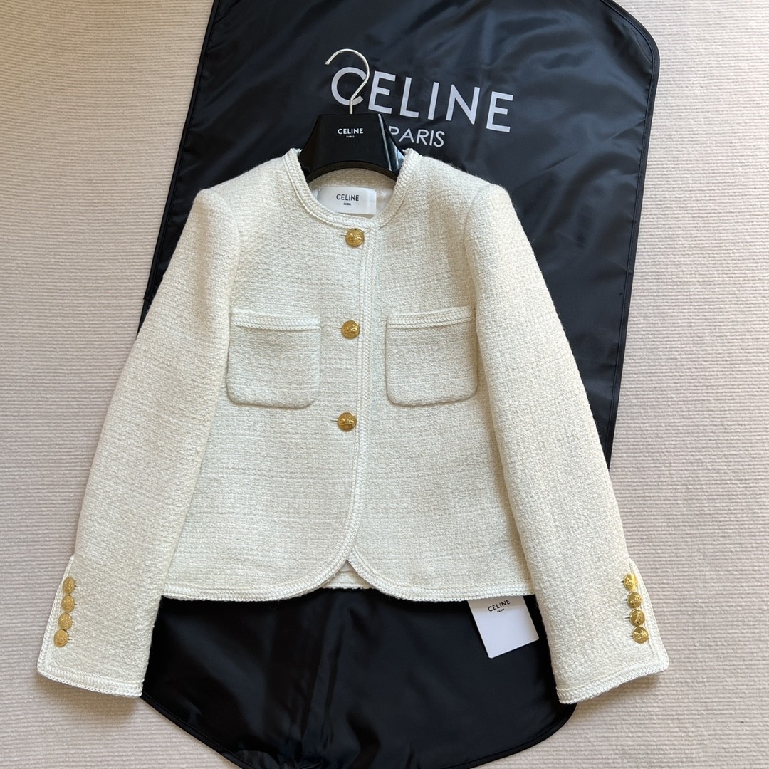 CELINE セリーヌ 3ボタン & ブレーデッドパイピング ブレーデッド シャスールジャケット / ブクレツイード
