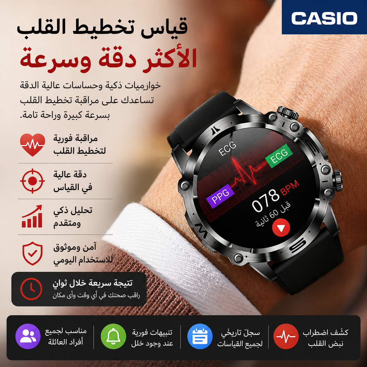 ساعة كاسيو الذكية للتشخيص الطبي بالذكاء الاصطناعي – إصدار 2026 الجديد قياس دهون الدم، حمض اليوريك، ومستوى السكر في الدم جهاز تتبع لياقة مع تقنيتي ECG + PPG