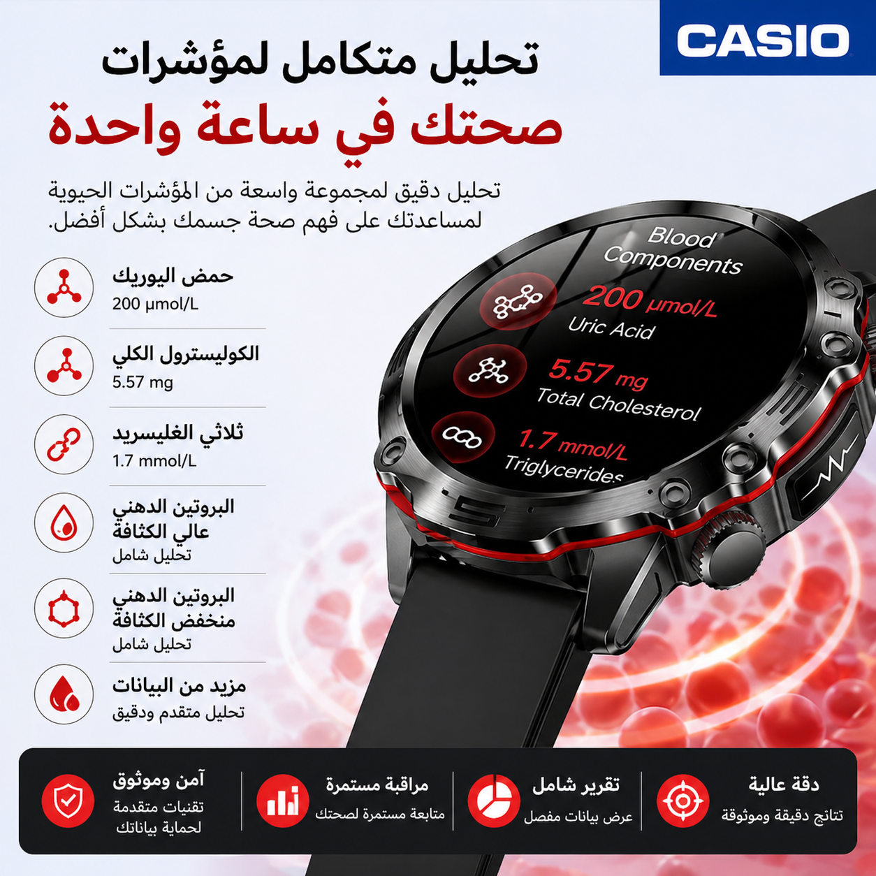 ساعة كاسيو الذكية للتشخيص الطبي بالذكاء الاصطناعي – إصدار 2026 الجديد قياس دهون الدم، حمض اليوريك، ومستوى السكر في الدم جهاز تتبع لياقة مع تقنيتي ECG + PPG