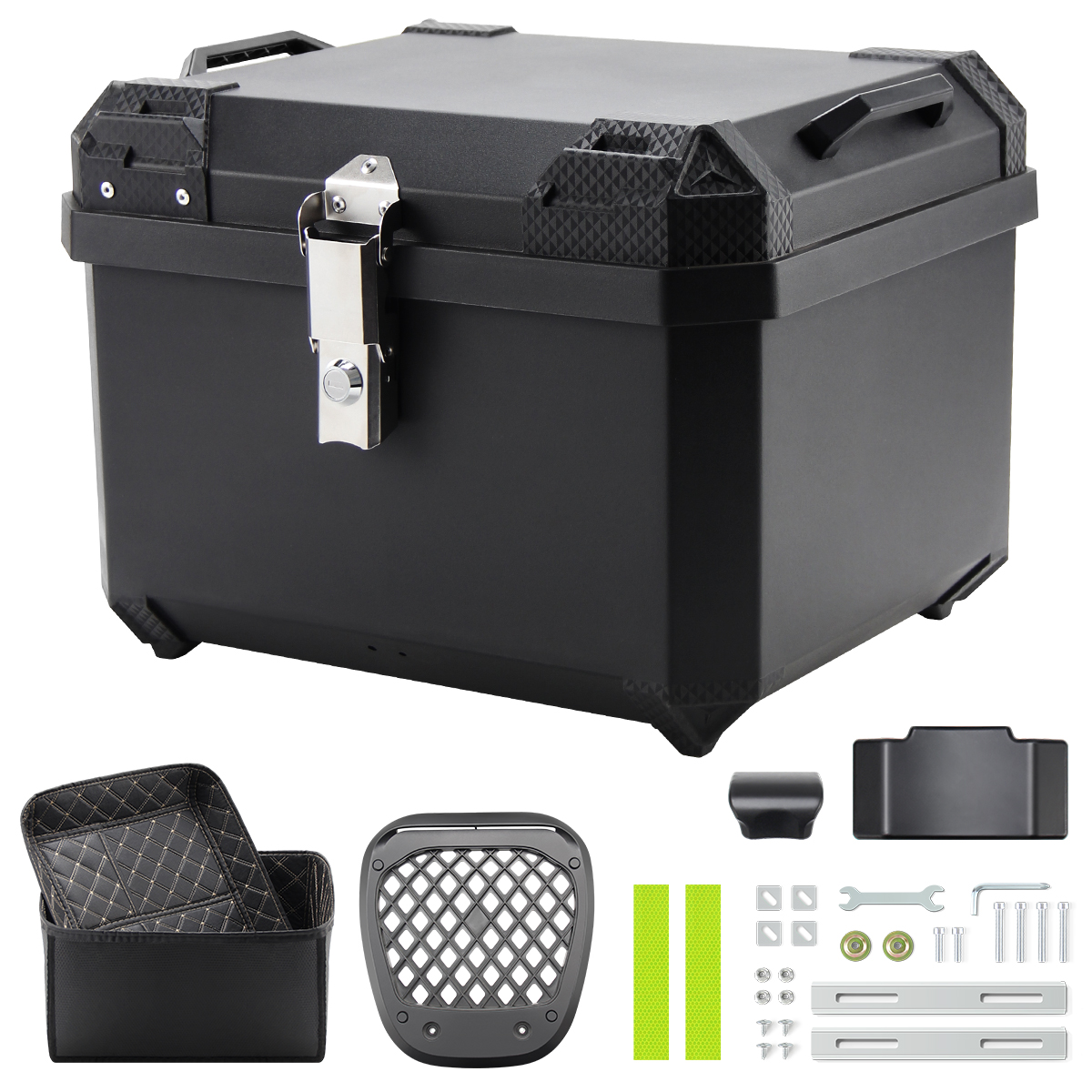 HONGPAI Motorcycle Top Case, Universal PP Plastic Trunk, Motorbike Tail Box for All Motorbike, 45L Waterproof Detachable Motorcycle Tail Bag with Lock & Back Cushion, Black