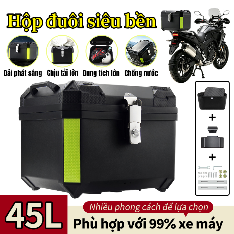 Hộp Đuôi Xe Máy Đa Năng, Chống Thấm Nước, Dung Tích Lớn 45L, Có Khóa An Toàn Chống Trộm, Nhãn Dán Phản Quang Ban Đêm, Tay Cầm, Thích Hợp Để Lắp Đặt Có Giá Đỡ