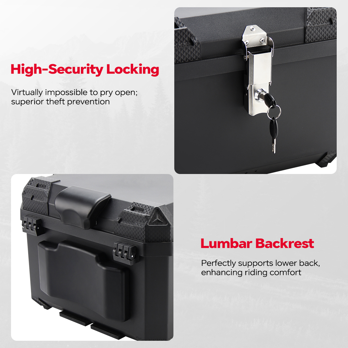 HONGPAI Motorcycle Top Case, Universal PP Plastic Trunk, Motorbike Tail Box for All Motorbike, 45L Waterproof Detachable Motorcycle Tail Bag with Lock & Back Cushion, Black