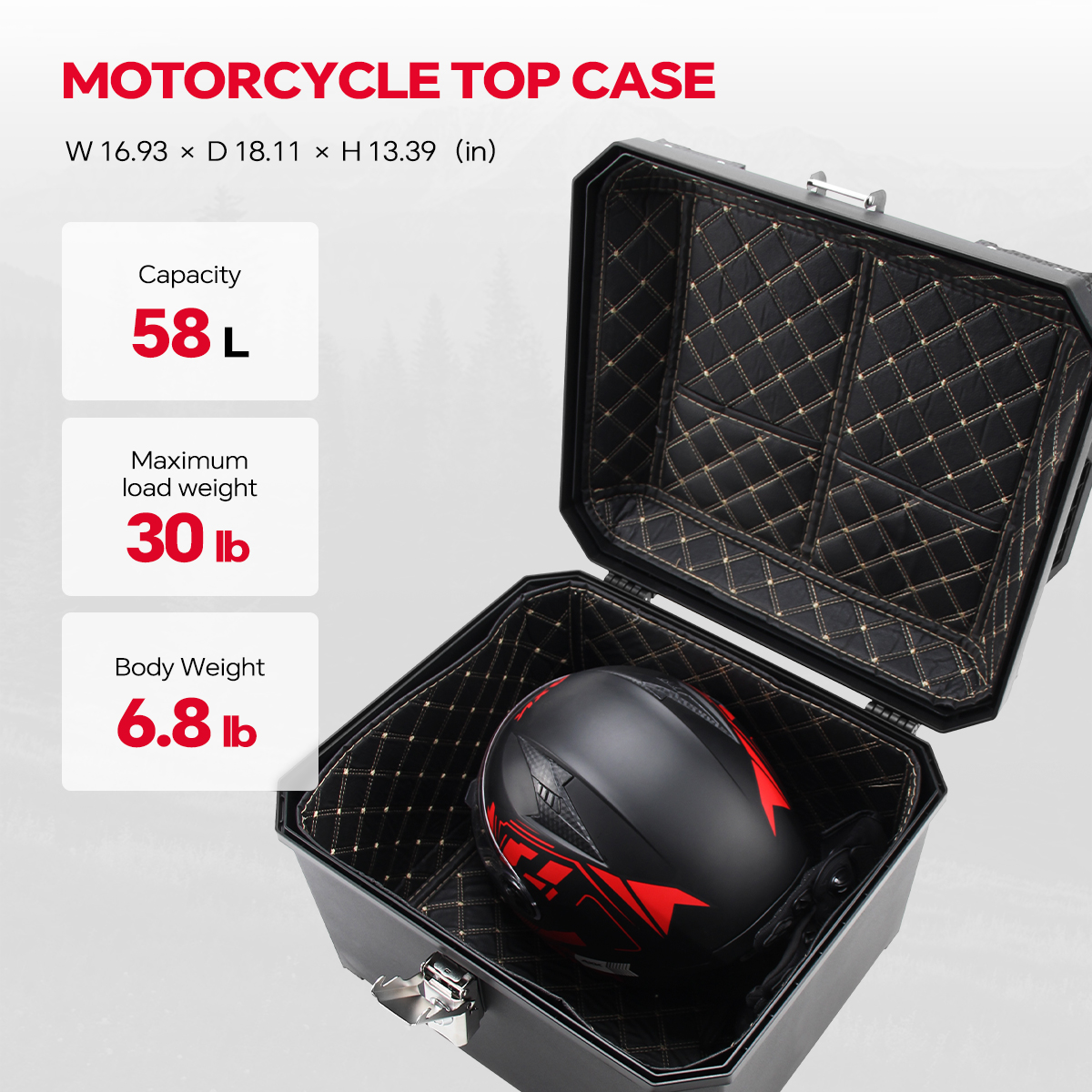 HONGPAI Motorcycle Top Case, Universal PP Plastic Trunk, Motorbike Tail Box for All Motorbike, 45L Waterproof Detachable Motorcycle Tail Bag with Lock & Back Cushion, Black