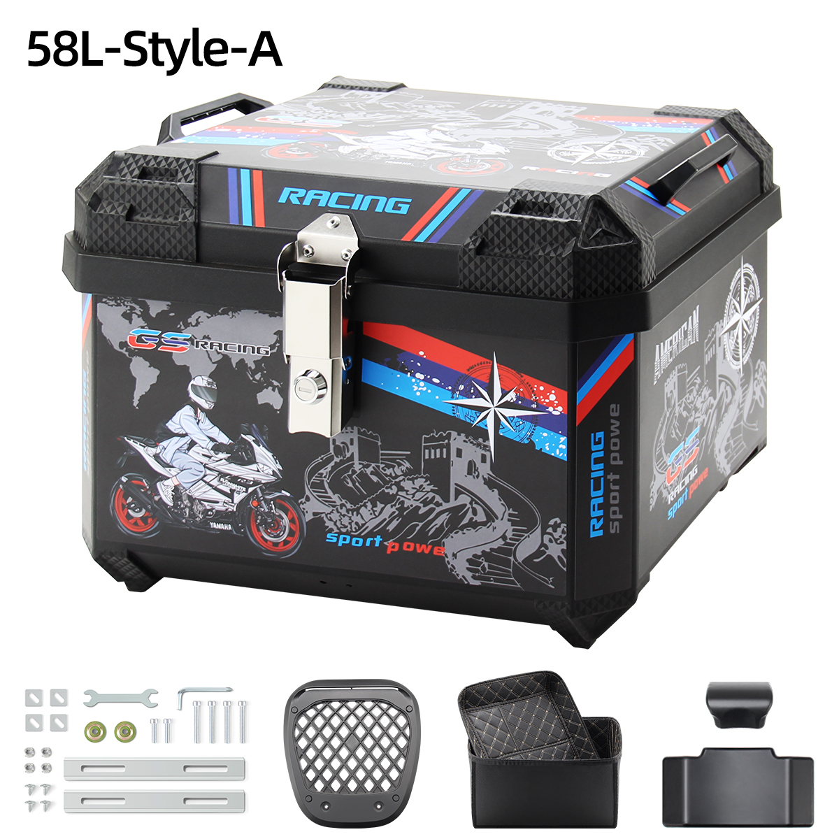 HONGPAI Motorcycle Top Case, Universal PP Plastic Trunk, Motorbike Tail Box for All Motorbike, 45L Waterproof Detachable Motorcycle Tail Bag with Lock & Back Cushion, Black
