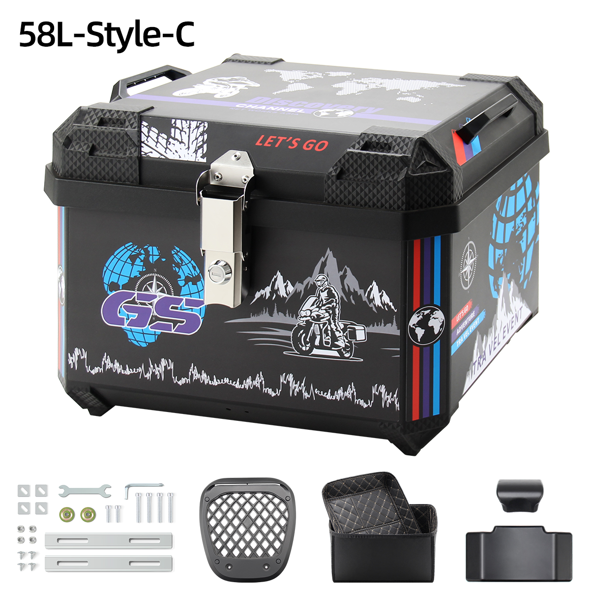 HONGPAI Motorcycle Top Case, Universal PP Plastic Trunk, Motorbike Tail Box for All Motorbike, 45L Waterproof Detachable Motorcycle Tail Bag with Lock & Back Cushion, Black