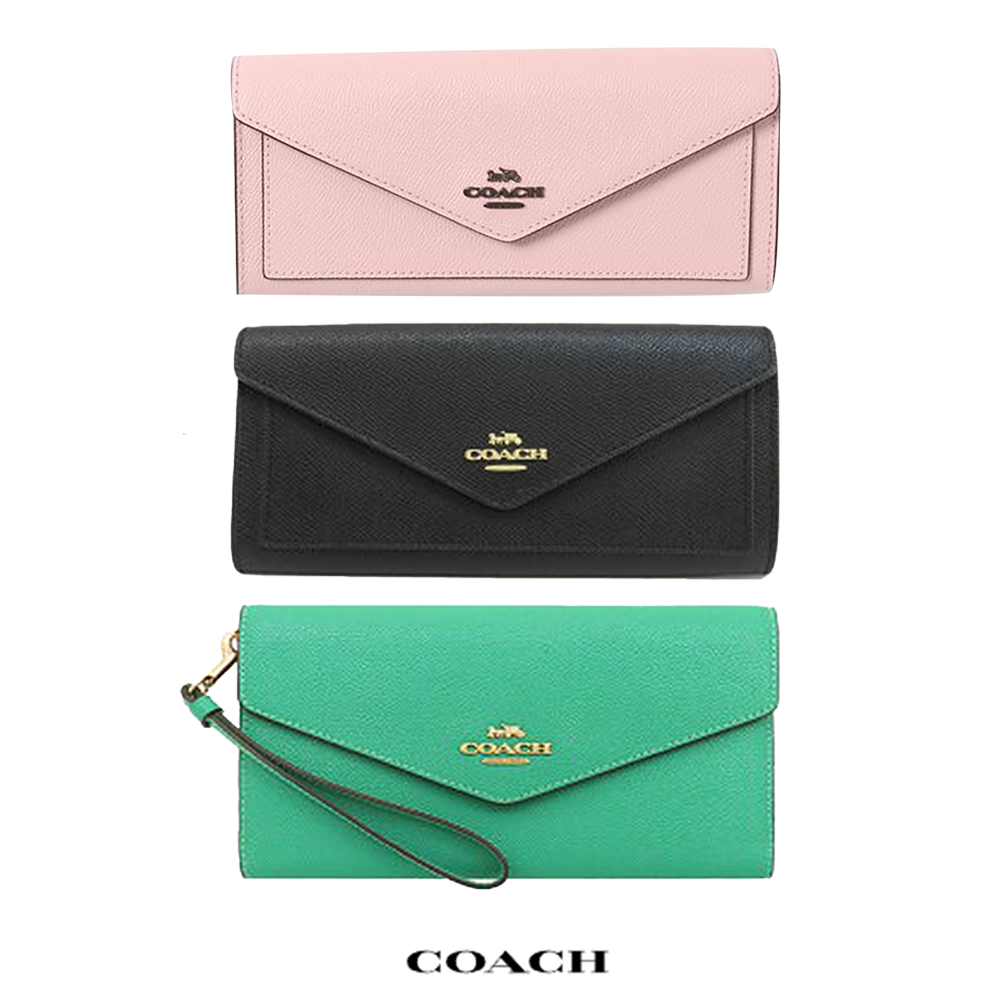COACH コーチ 長財布 ラグジュアリー クロスグレーン レザー トラベル エンベロープ ウォレット （ストラップ付き） アウトレット品