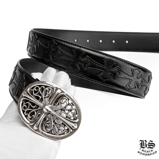 クロムハーツ クラシックオーバルクロスバックル＆プレーンブラックレザー1.5ホースシューリベット ベルトセット