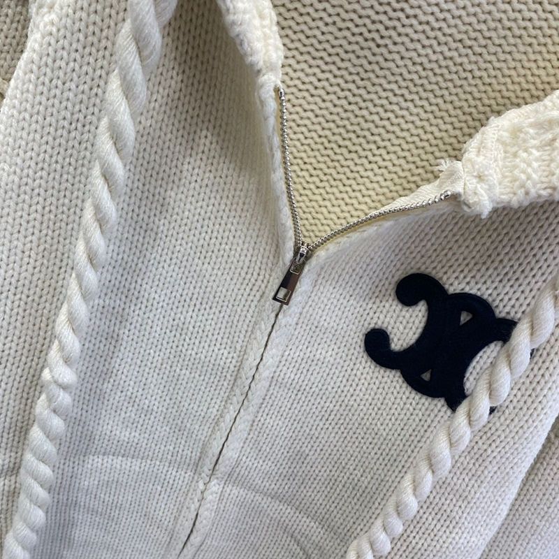 CELINE刺繍ロゴジャカード連帽ニットカーディガン