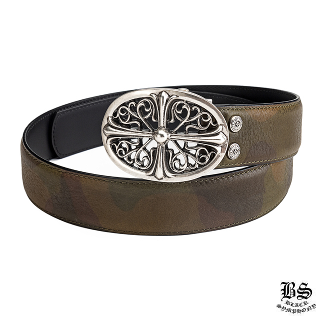 クロムハーツ クラシックオーバルクロスバックル＆プレーンブラックレザー1.5ホースシューリベット ベルトセット