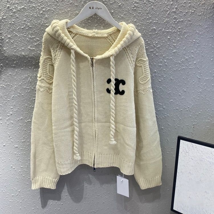 CELINE刺繍ロゴジャカード連帽ニットカーディガン