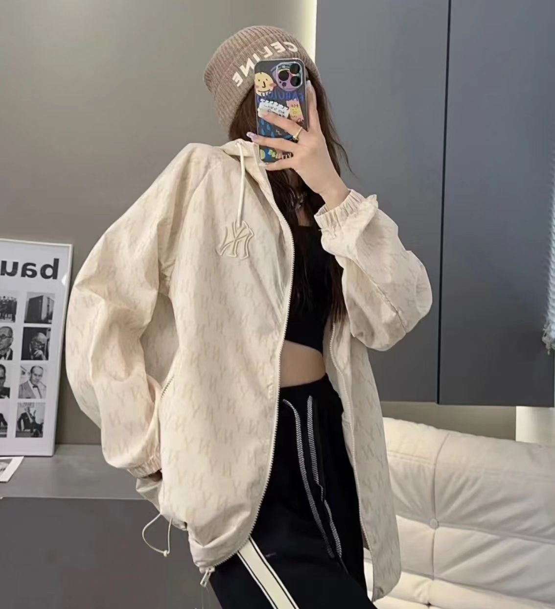 MLB 春と秋の新しい老花満印連帽スポーツ  トレンチコート