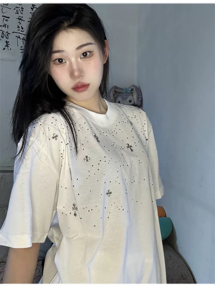 【Chrome Heart】満天星 Tシャツ ユニセックス 馬蹄 梵字 ラインストーン付き 半袖x