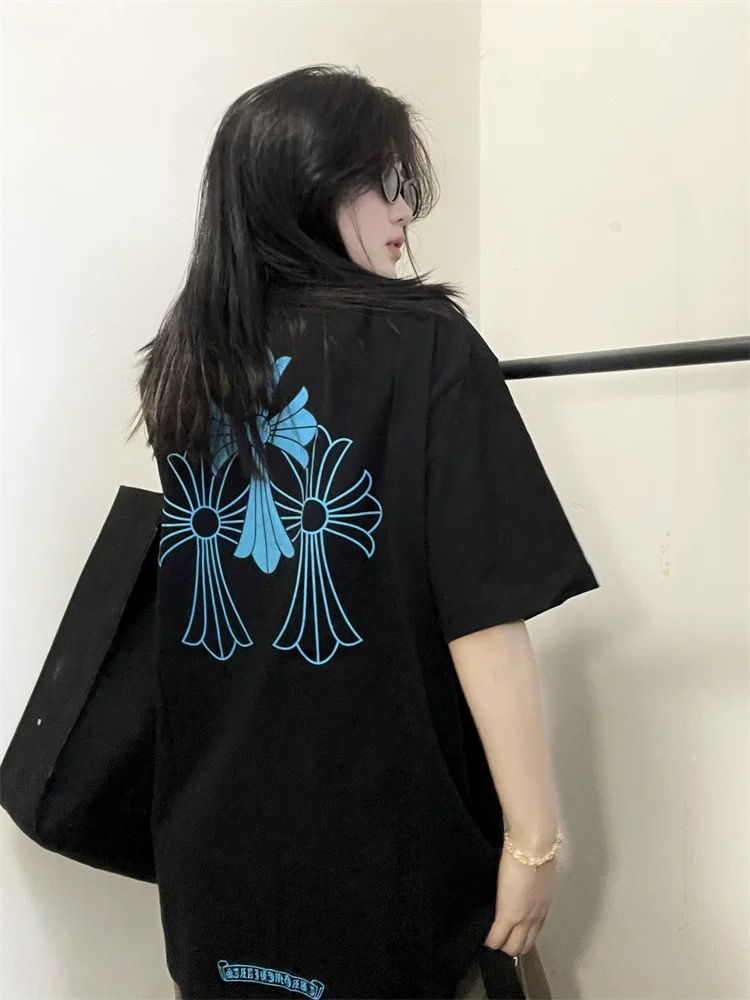 【Chrome Hearts】クロムハーツ Tシャツ ブルー十字架柄 ユニセックス ゆったり半袖