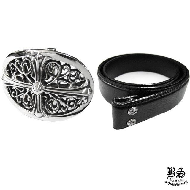 クロムハーツ クラシックオーバルクロスバックル＆プレーンブラックレザー1.5ホースシューリベット ベルトセット