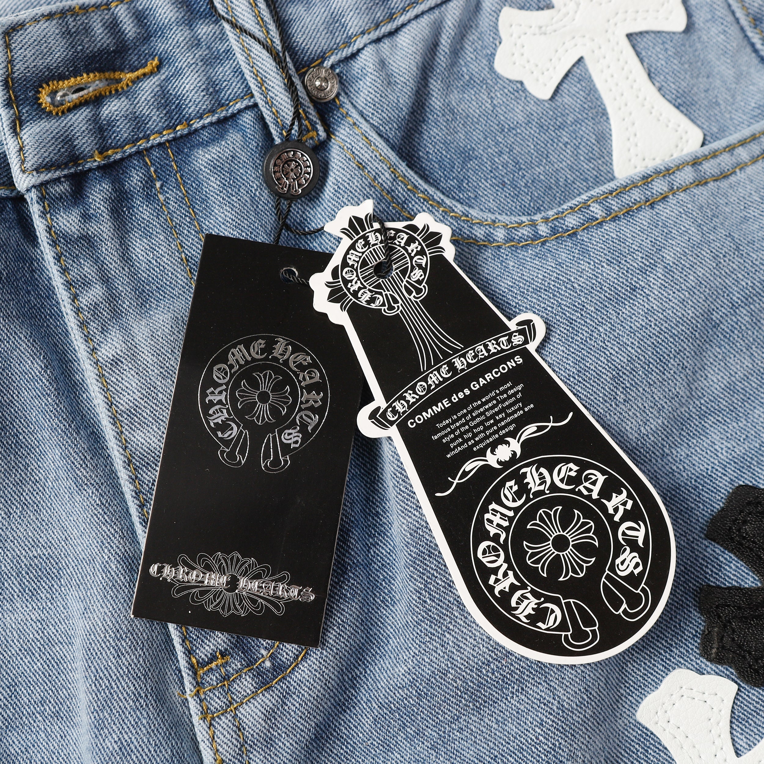 【Chrome Hearts】クロムハーツ ホワイト＆ブラック クロスパッチ ジーンズ 9960