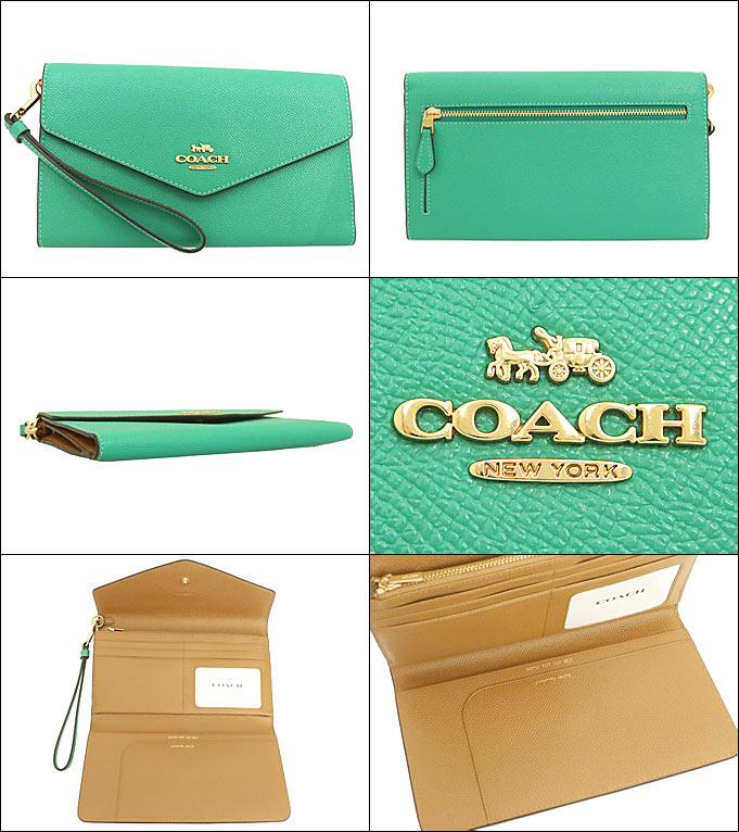 COACH コーチ 長財布 ラグジュアリー クロスグレーン レザー トラベル エンベロープ ウォレット （ストラップ付き） アウトレット品