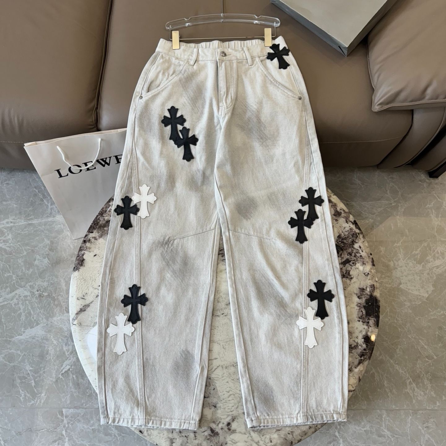 26SS クロムハーツ クロスパッチ フレンチワークデニムパンツ ホワイト｜メンズ