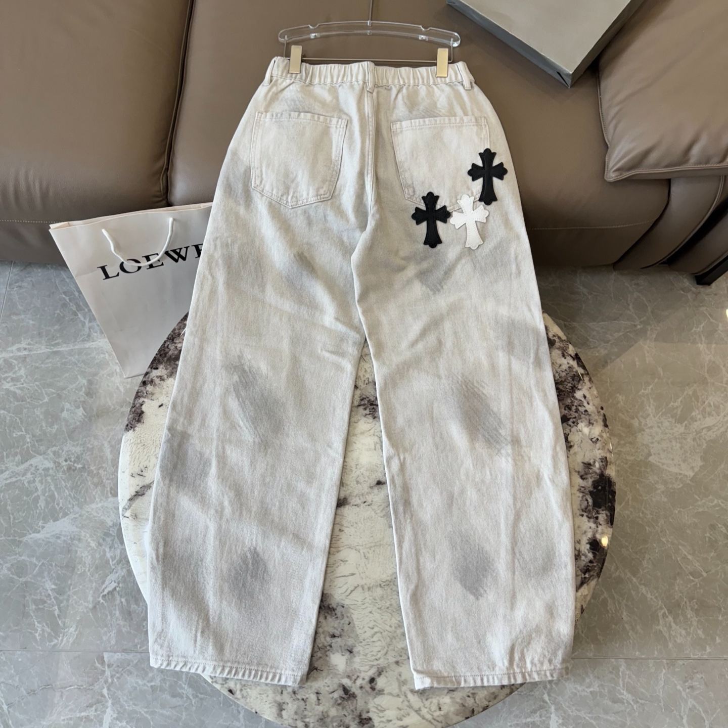26SS クロムハーツ クロスパッチ フレンチワークデニムパンツ ホワイト｜メンズ