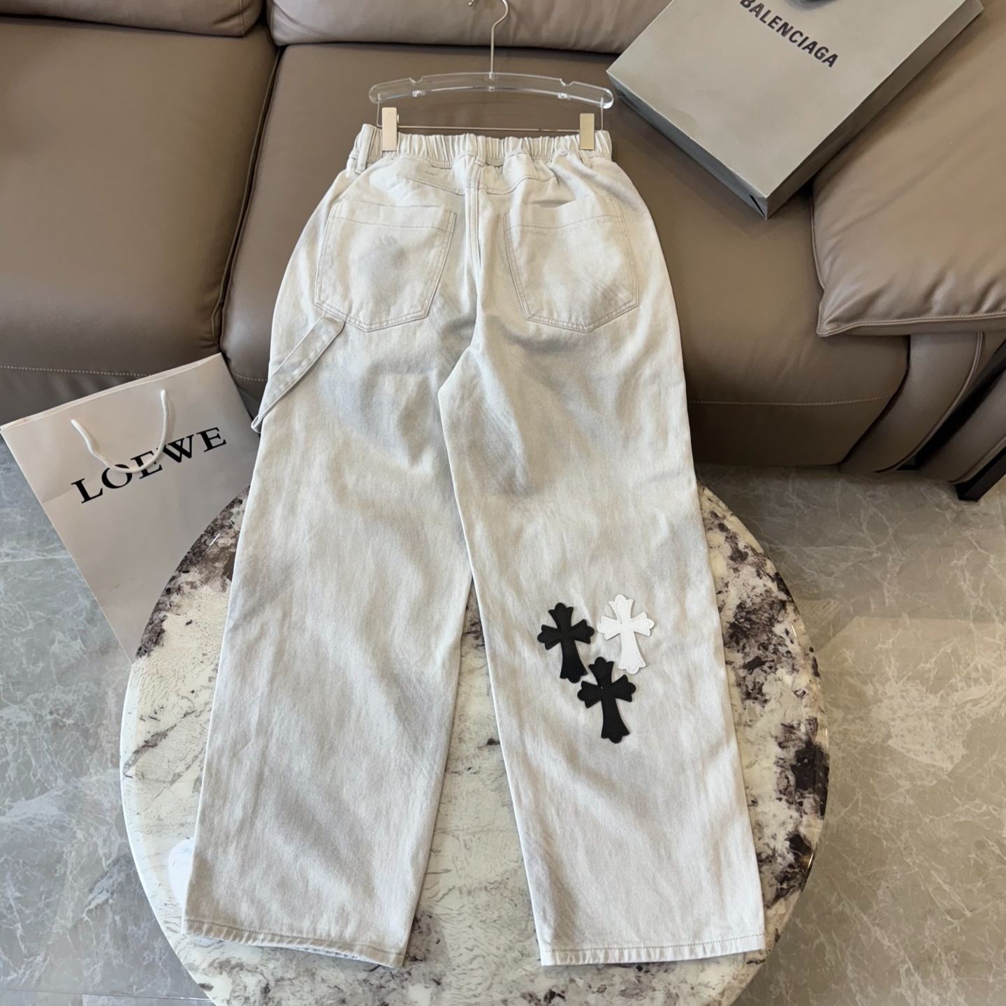 26SS クロムハーツ ホワイトクロスパッチ ダブルニーワークパンツ｜カーペンターパンツ メンズ