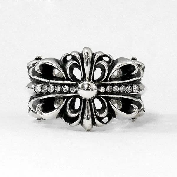 【希少】 CHROME HEARTS クロムハーツ ダブルフローラルクロス ダイヤモンド リング メンズ ダイヤ 指輪フリーサイズ 黒/白/