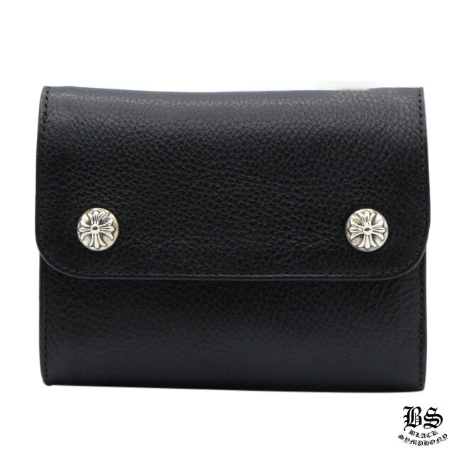 クロムハーツ ウェーブウォレット クロスボタン ブラック ヘビーレザー ミニ財布