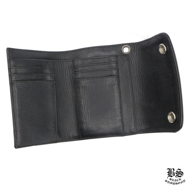 クロムハーツ ウェーブウォレット クロスボタン ブラック ヘビーレザー ミニ財布