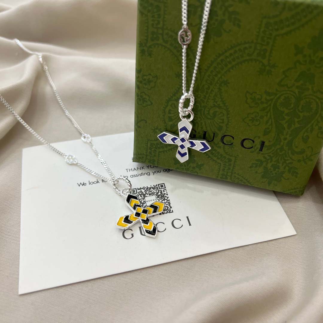 【国内発送/直営店】グッチ GUCCI  チェーンネックレス インターロッキングG十字架プレート エナメルブラックドッグタグ