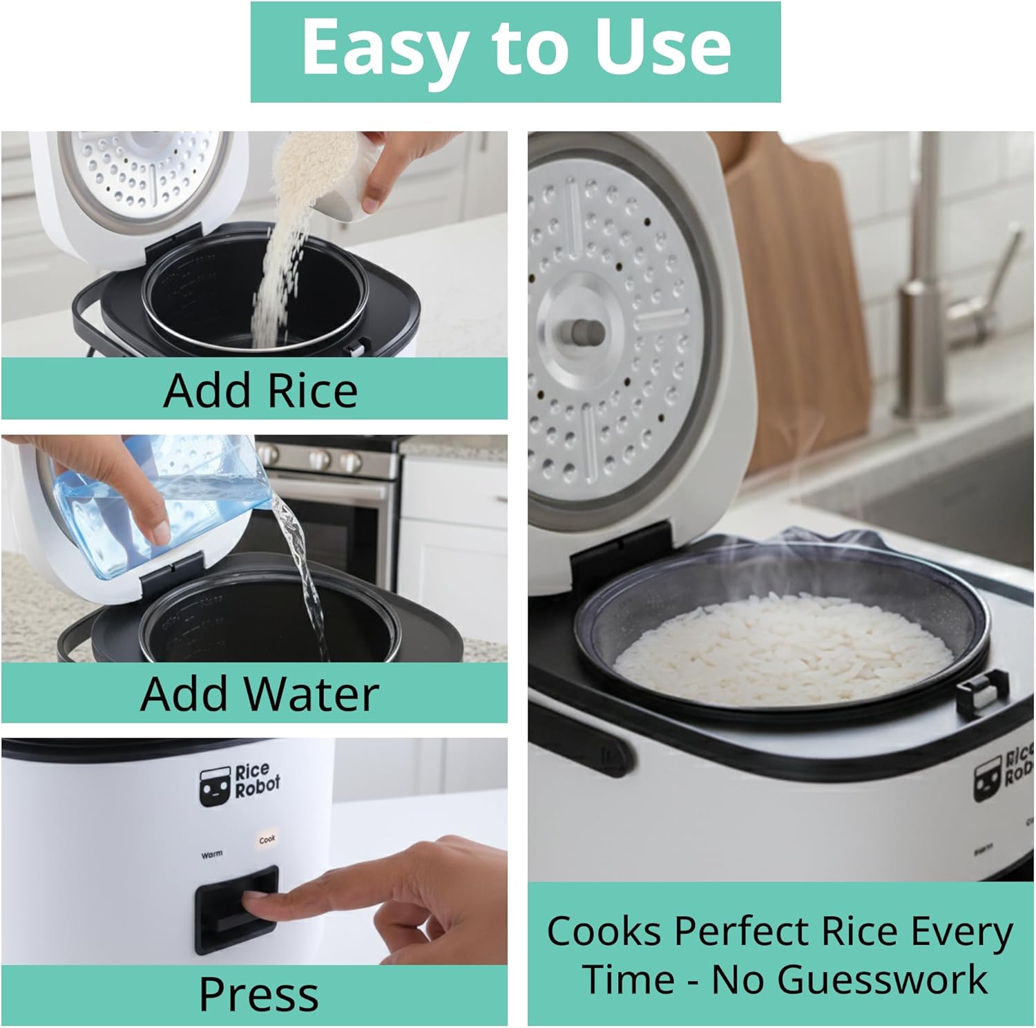 Rice Robot Personal Rice Cooker, PFAS-free, Nonstick.1 Quart Capacity, with Stainless Steel Steamer Tray, Measuring Cups, Recipe Book with 60 Recipes, and Serving Spoon, As Seen On TV-Honghao Appliances
