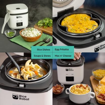Rice Robot Personal Rice Cooker, PFAS-free, Nonstick.1 Quart Capacity, with Stainless Steel Steamer Tray, Measuring Cups, Recipe Book with 60 Recipes, and Serving Spoon, As Seen On TV-Honghao Appliances