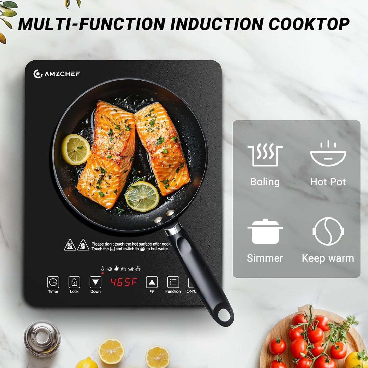 AMZCHEF Portable Induction Cooktop 20 Temperature & Power Levels, 1800W Induction Stove Burner with 6.8" Heating Coil, Low Noise Hot Plate Single Electric Cooktops Countertop Stove with Timer-Honghao Appliances