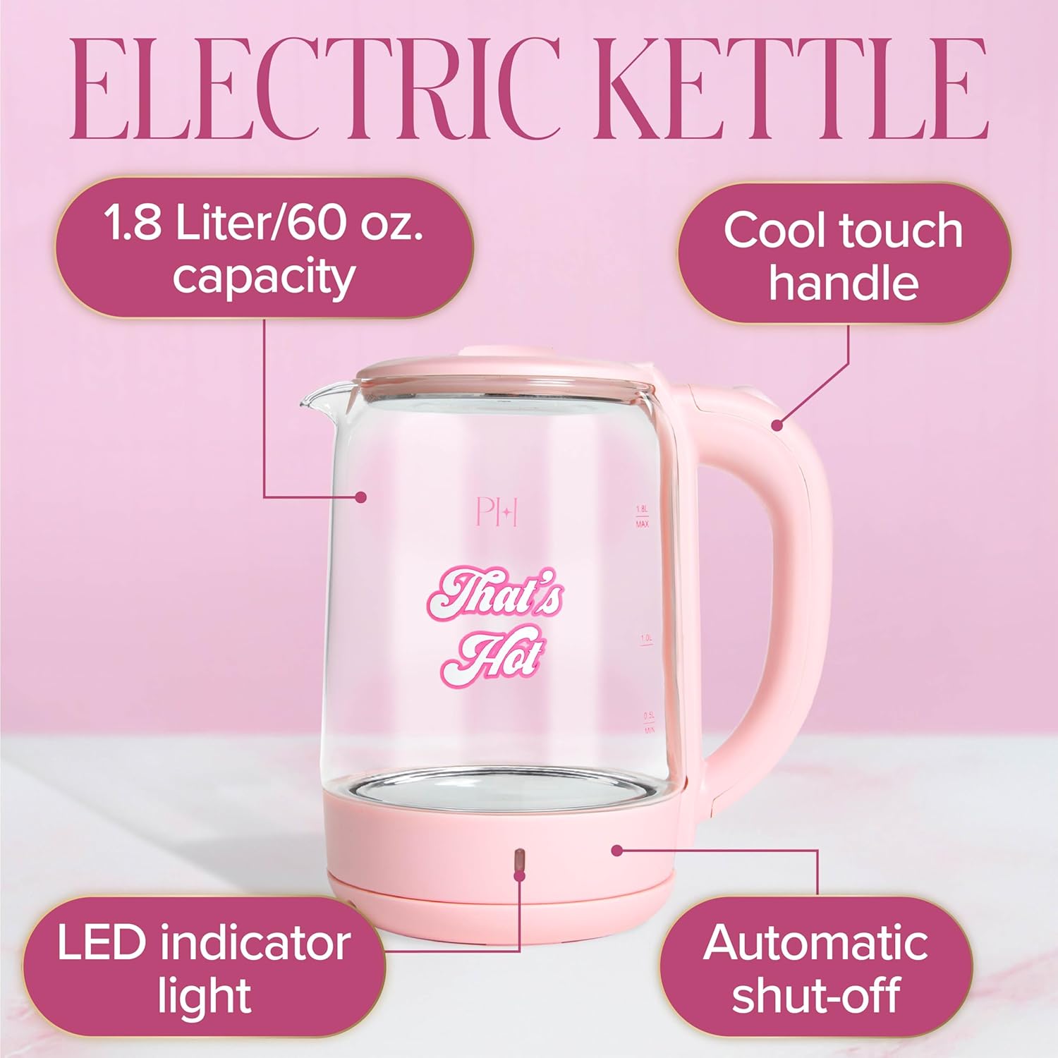 Paris Hilton Electric Kettle, Fast Boil with Auto Shut-Off, LED Indicator, 360° Base, Cord Storage, 1.8-Liter, Glass, Pink