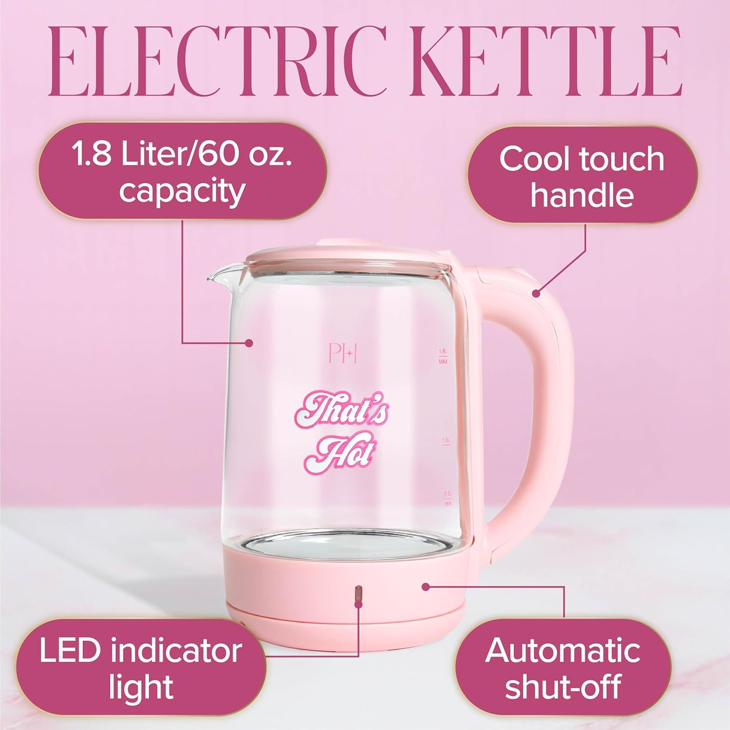 Paris Hilton Electric Kettle, Fast Boil with Auto Shut-Off, LED Indicator, 360° Base, Cord Storage, 1.8-Liter, Glass, Pink