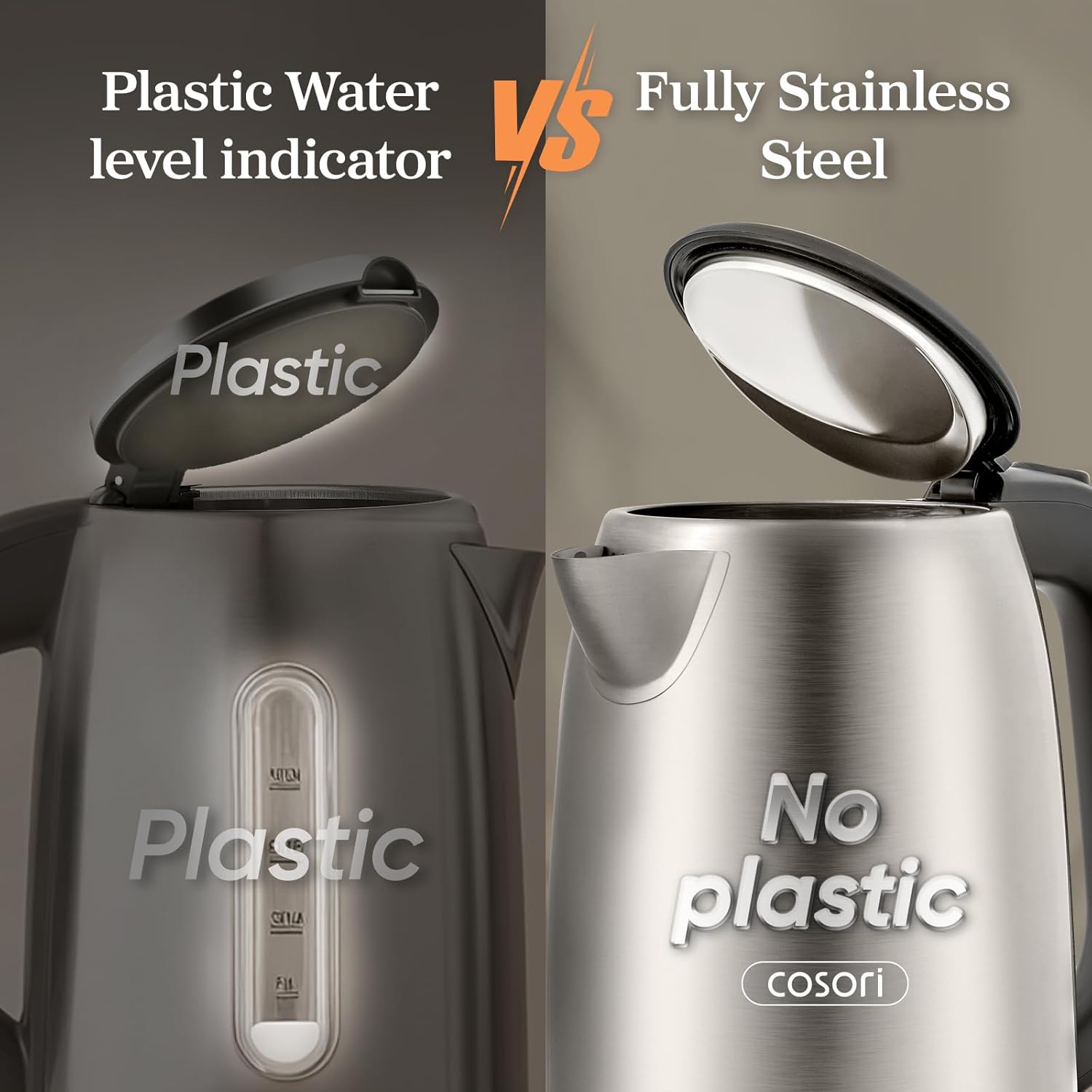 COSORI Electric Kettle, Plastic-Free Interior, 2 Lid Opening Angles, Easy to Clean, Automatic Shut Off & Boil-Dry Protection, Stainless Steel Tea Kettle, Hot Water Boiler & Heater, 1.7L, 1500W